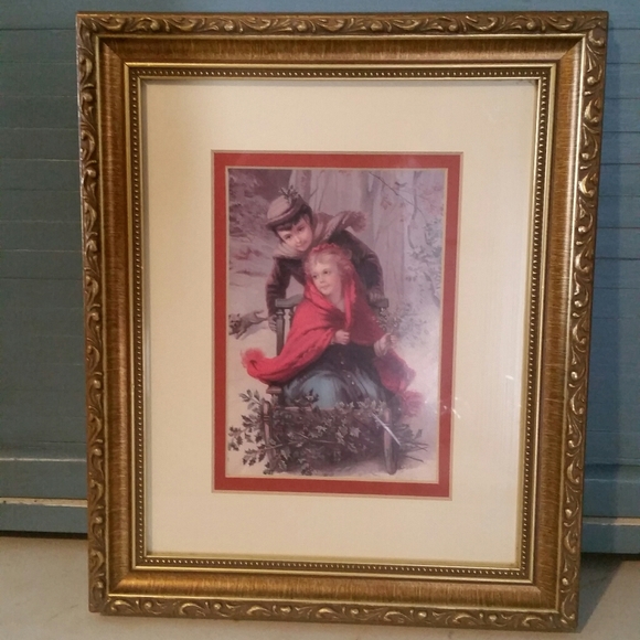 Girl & Boy on Sled Winter Scene Matted Print EVC - Picture 1 of 5